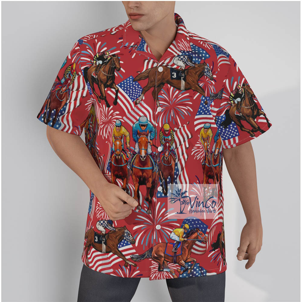 Funny Horse Racing American Flag Hawaiian Button Up Shirt For Men - variant image 1