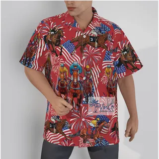 Funny Horse Racing American Flag Hawaiian Button Up Shirt For Men