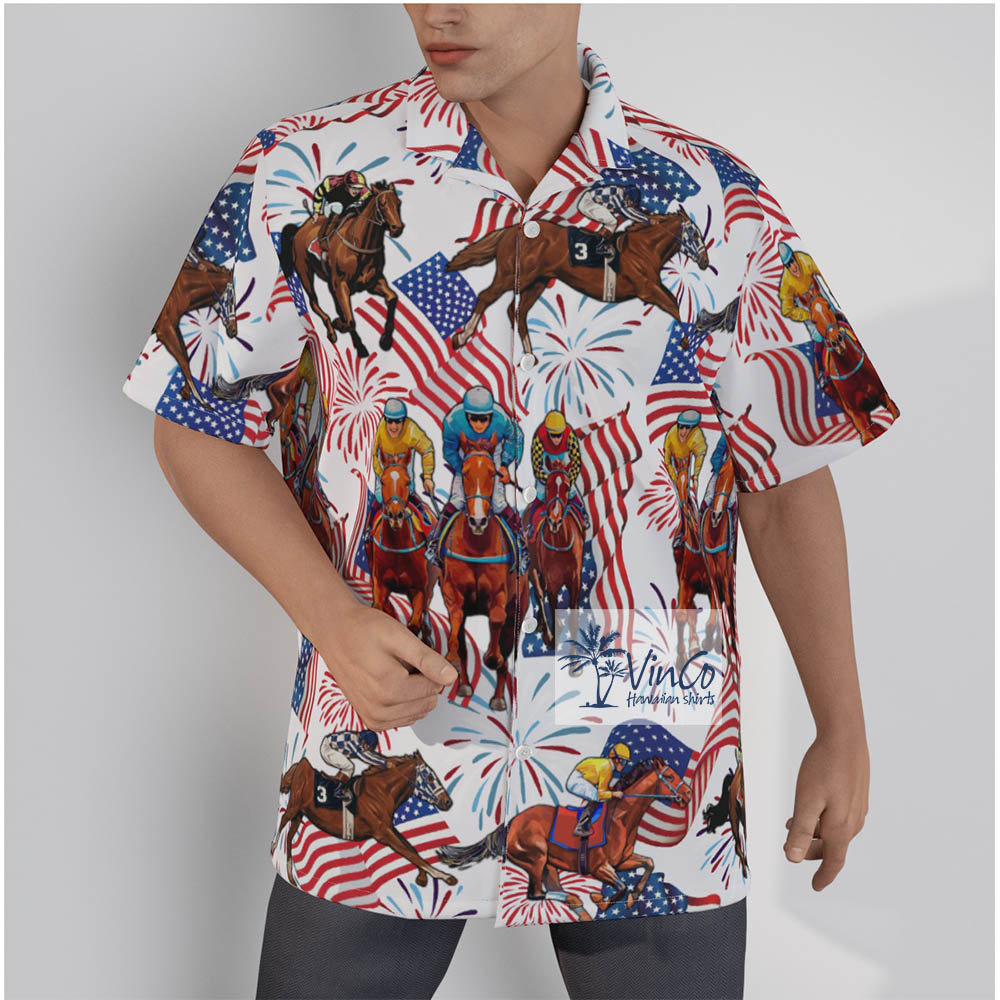 Horse Racing 4th Of July Patriotic Theme Men's Hawaiian Shirt - variant image 1