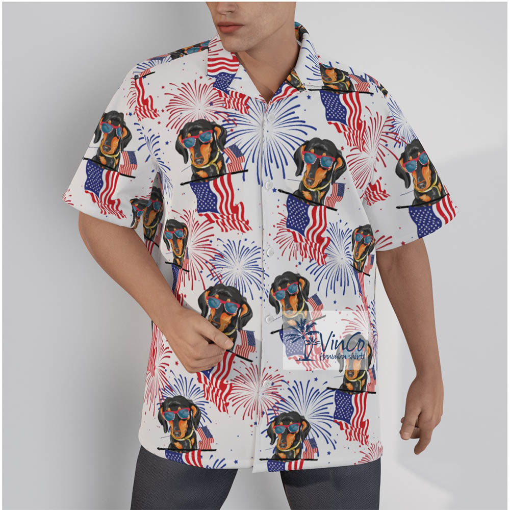 Patriotic Dachshund American Flag Button Up Men's Hawaiian Shirt - variant image 1