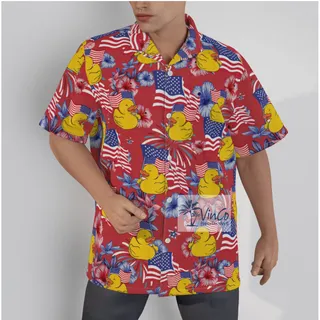 Hibiscus Rubber Duck American Flag Hawaiian Shirt For Men