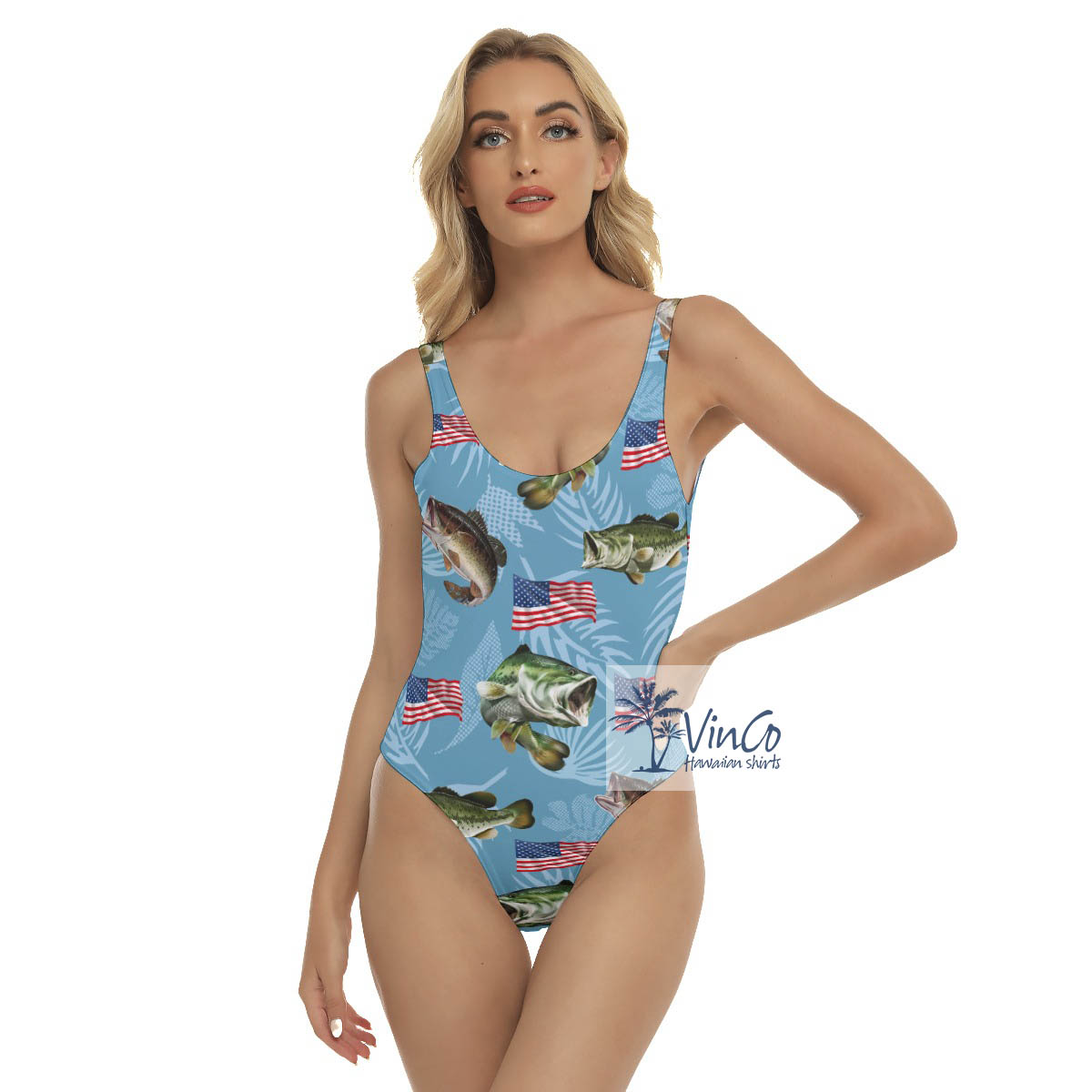 Funny American Flag Fish Hawaiian Swimsuit For Summer - variant image 1