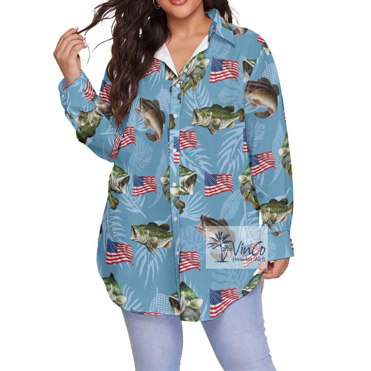 American Flag Fish Blue Hawaiian Plus Size Shirt - variant image 1