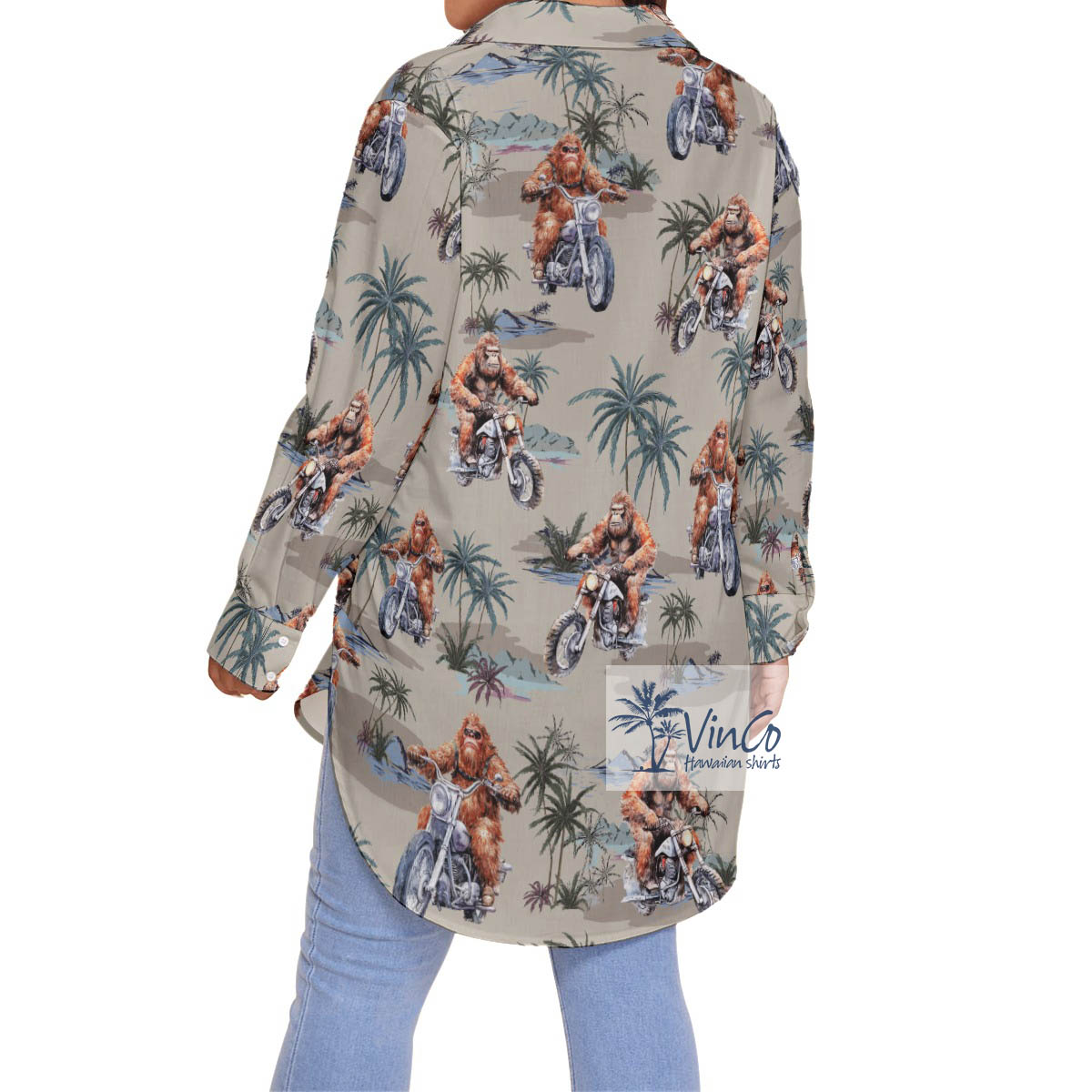 Funny Bigfoot Motorcycle Hawaiian Blouse Shirt For Women