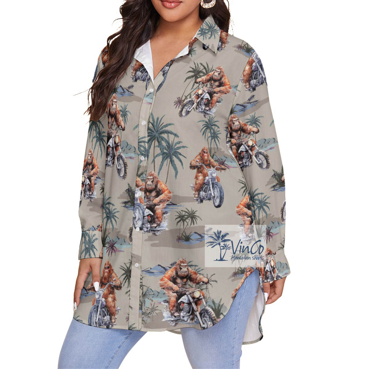 Funny Bigfoot Motorcycle Hawaiian Blouse Shirt For Women