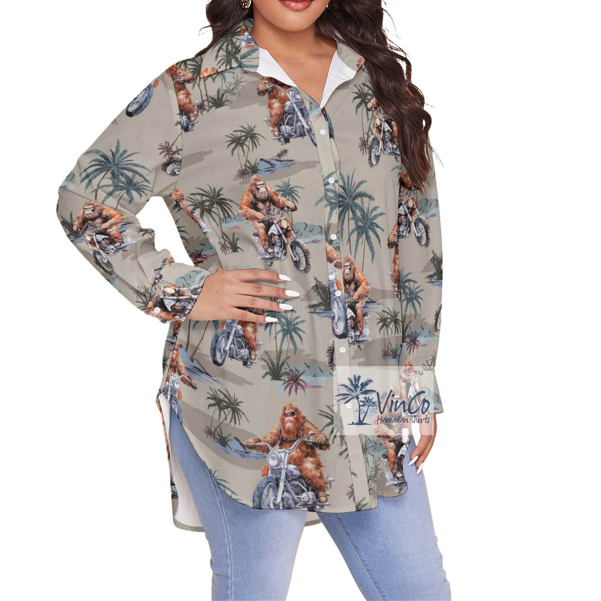 Funny Bigfoot Motorcycle Hawaiian Blouse Shirt For Women