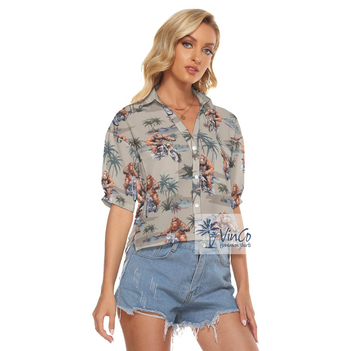 Tropical Bigfoot Motorcycle Hawaiian Cropped Shirt For Women