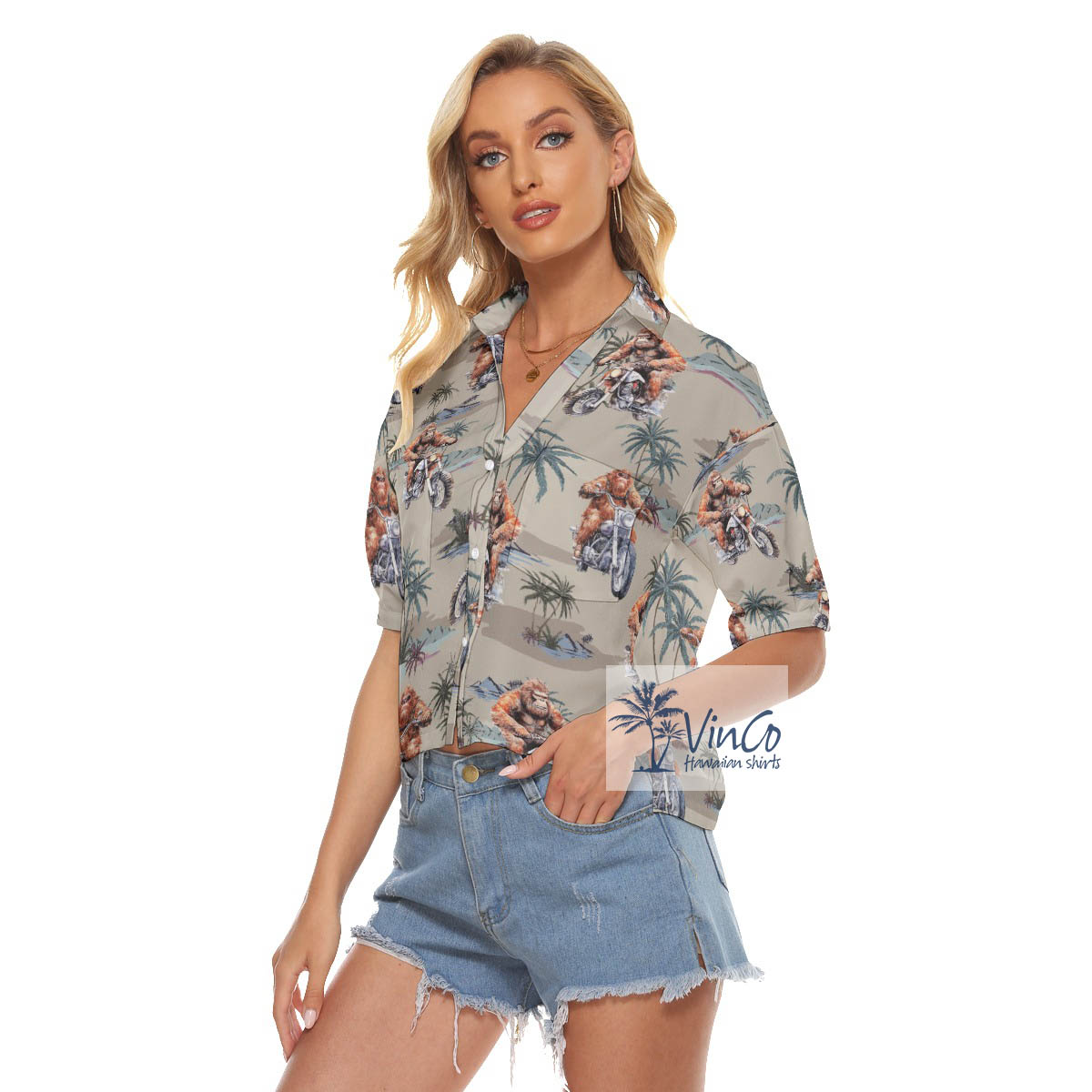 Tropical Bigfoot Motorcycle Hawaiian Cropped Shirt For Women
