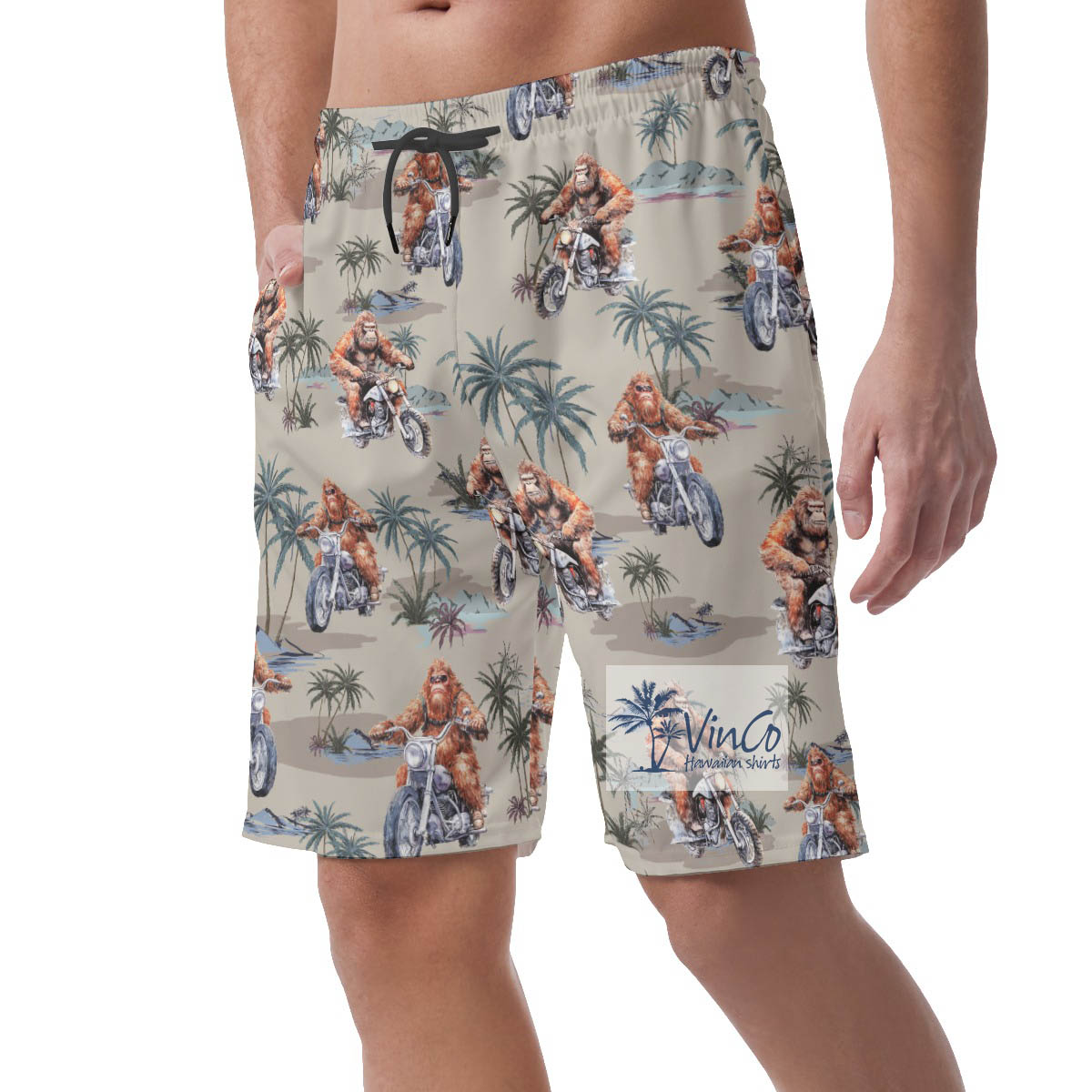 Funny Sasquatch Riding Motorcycle Hawaiian Beach Shorts