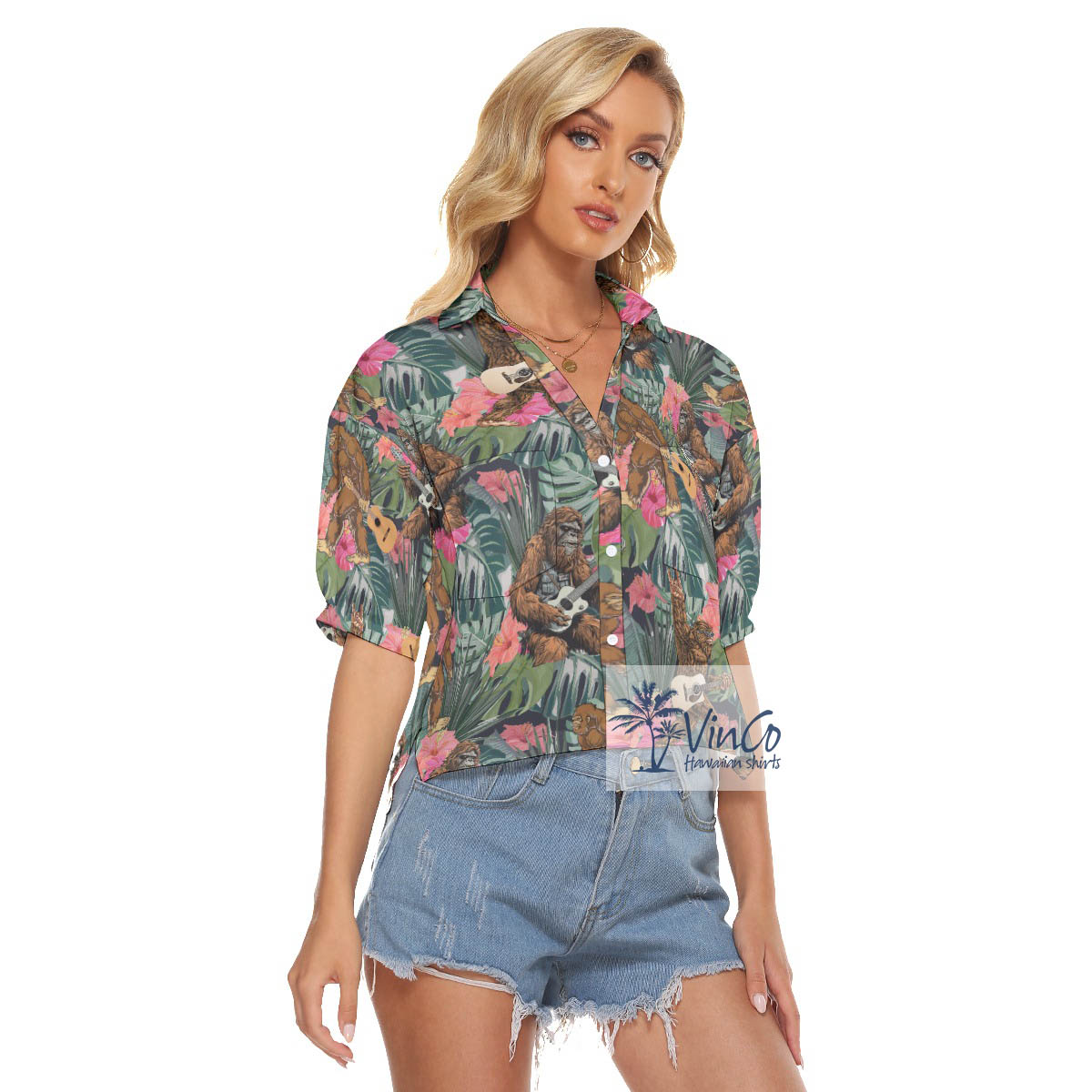 Funny Bigfoot Guitar Tropical Hibiscus Women's Hawaiian Cropped Shirt