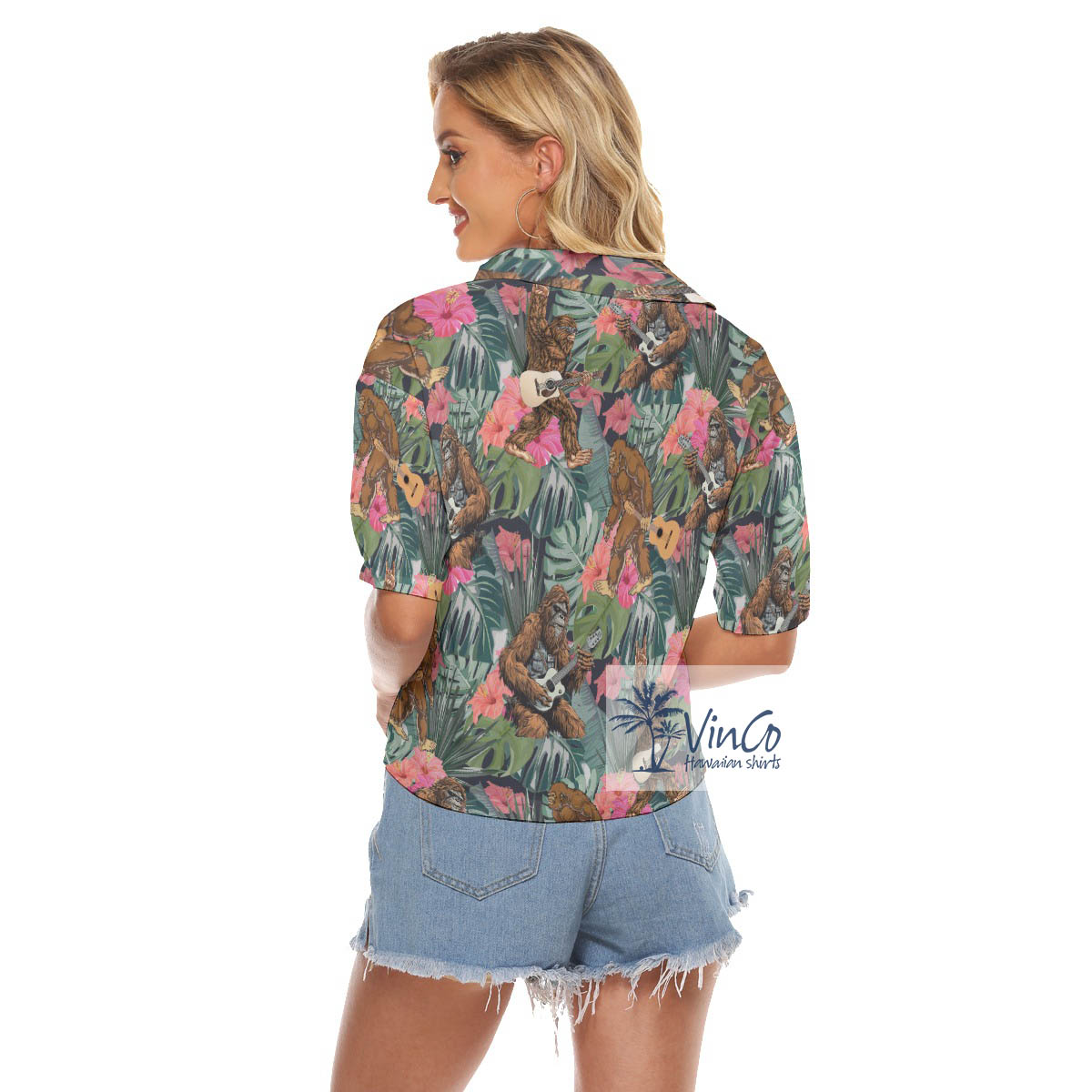 Funny Bigfoot Guitar Tropical Hibiscus Women's Hawaiian Cropped Shirt