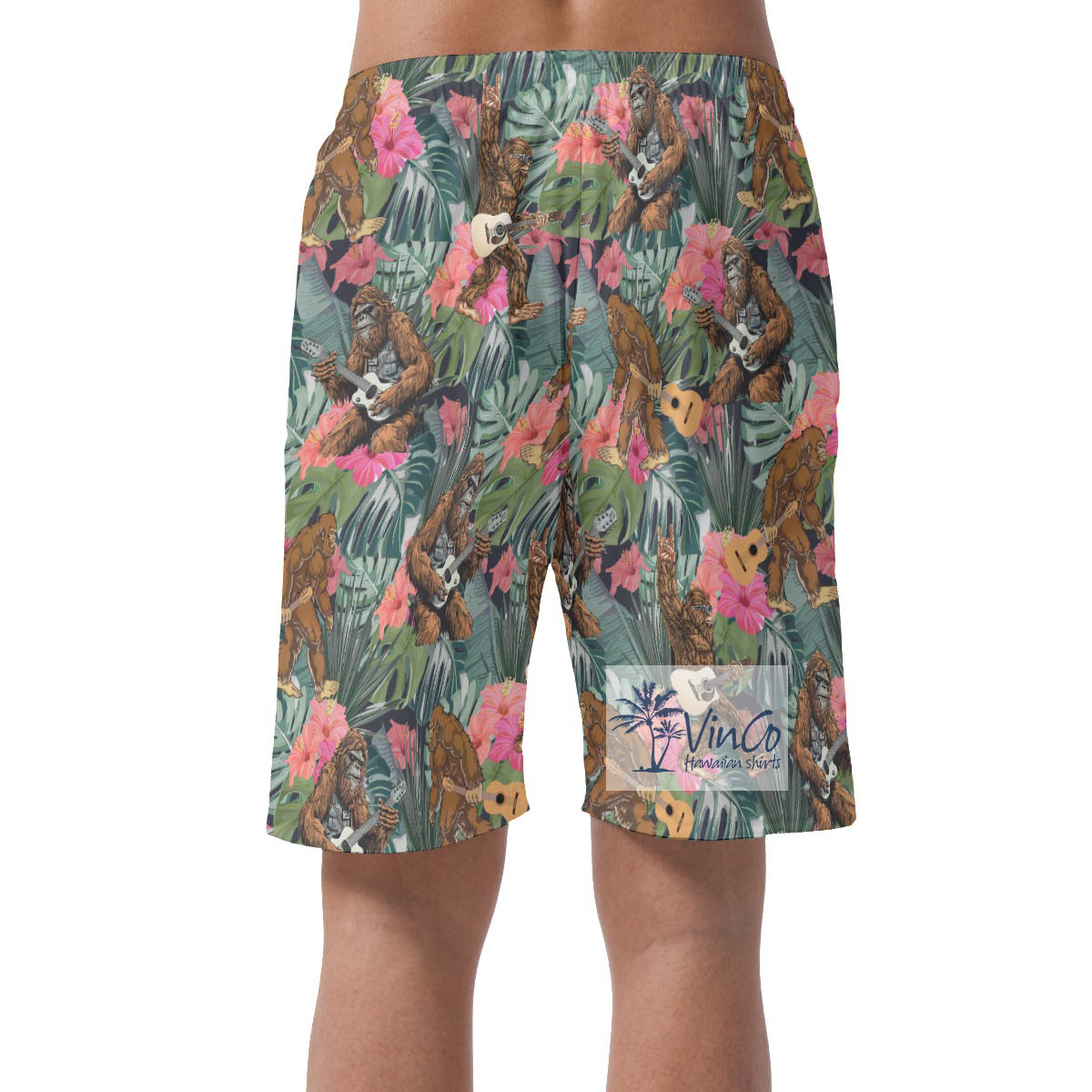 Funny Sasquatch With Guitar Tropical Hawaiian Beach Shorts For Men