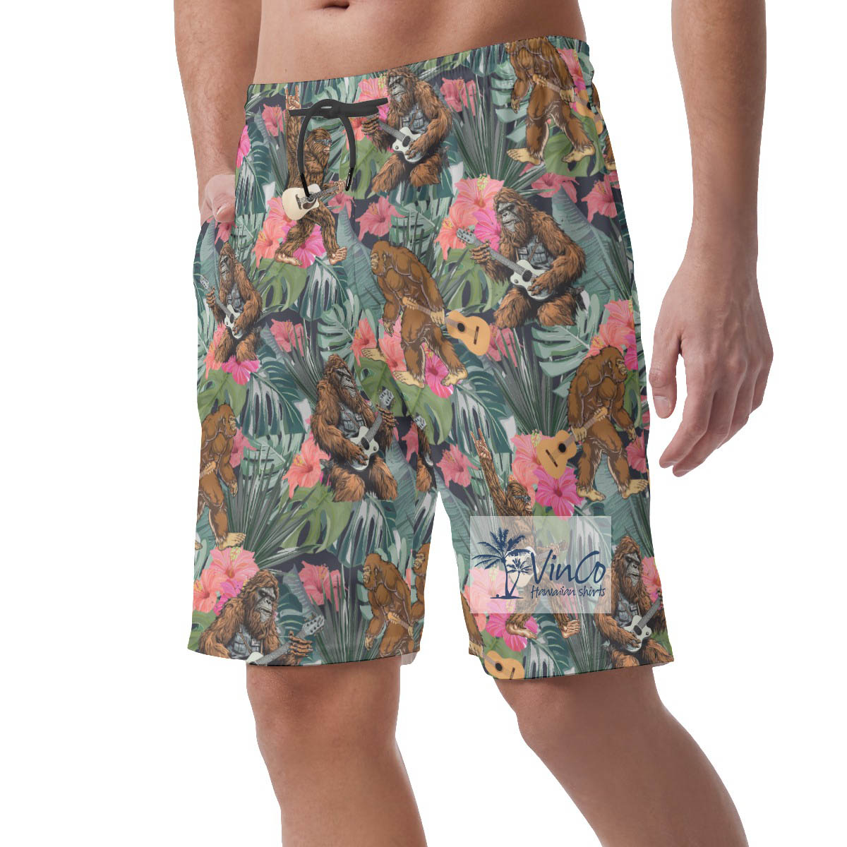 Funny Sasquatch With Guitar Tropical Hawaiian Beach Shorts For Men