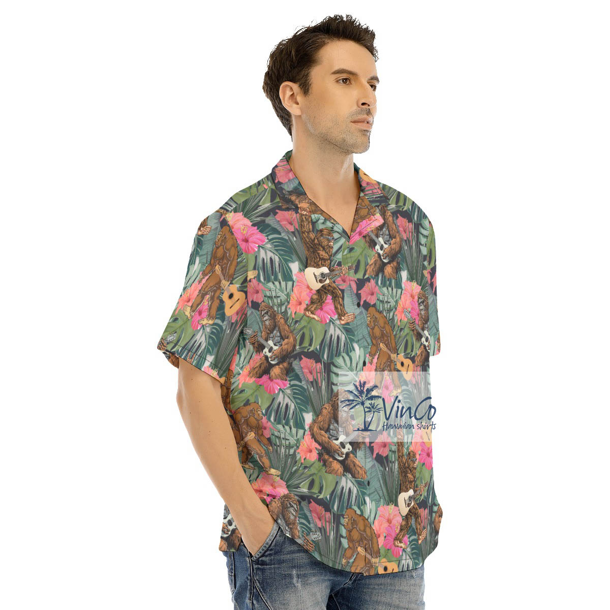 Funny Bigfoot Guitar Tropical Hibiscus Hawaiian Shirt