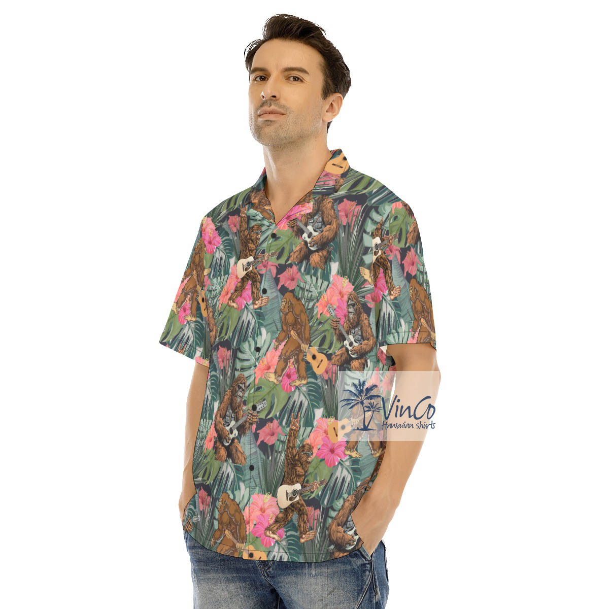 Funny Bigfoot Guitar Tropical Hibiscus Hawaiian Shirt