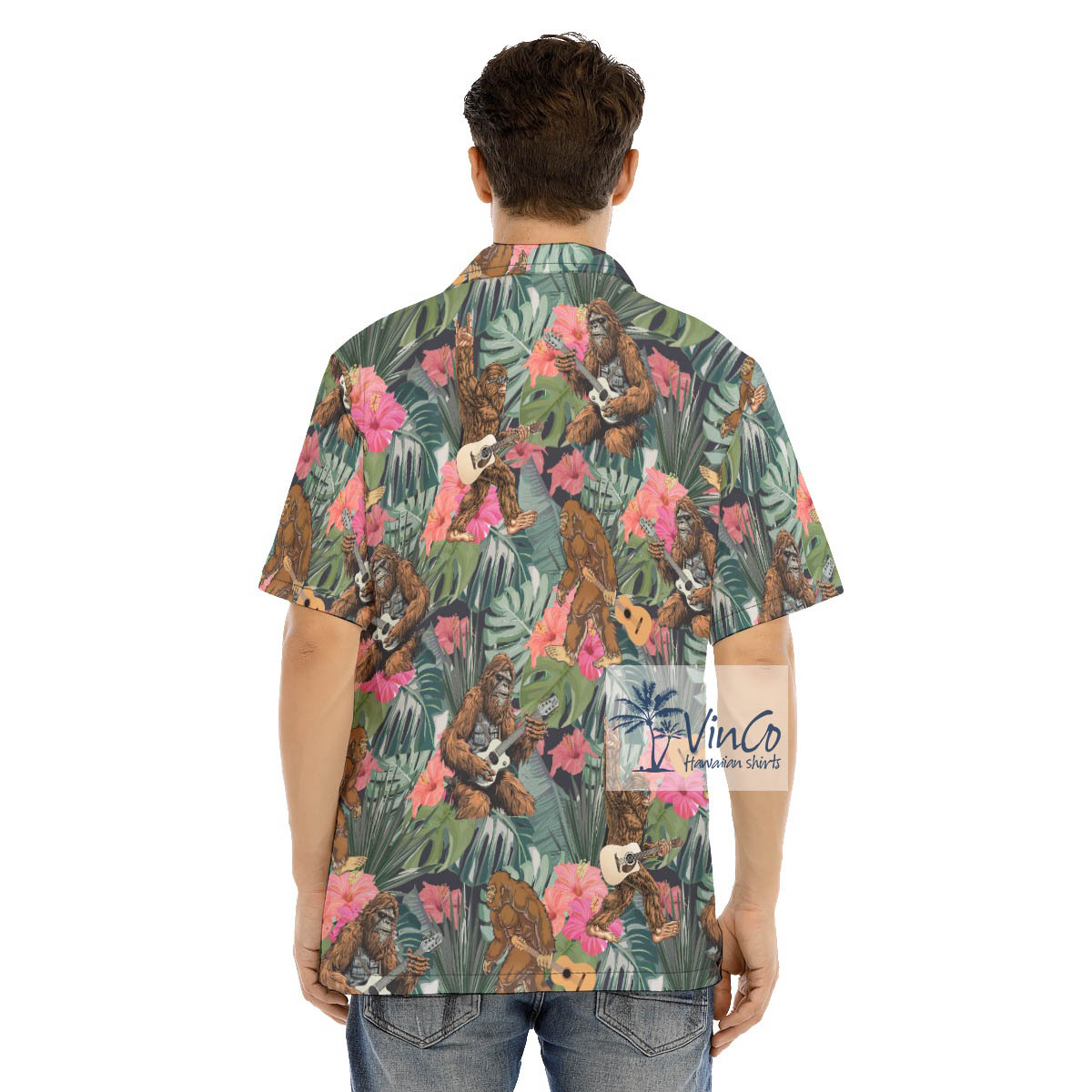 Funny Bigfoot Guitar Tropical Hibiscus Hawaiian Shirt