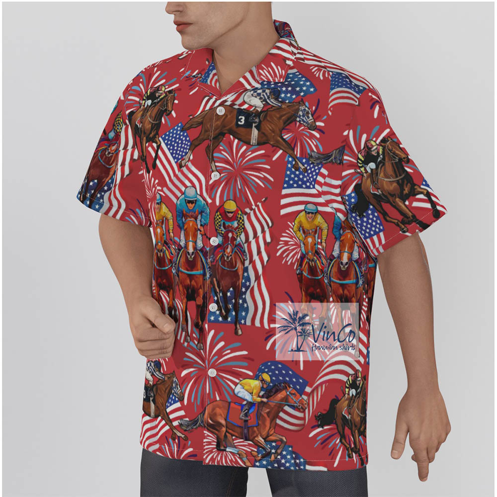 Funny Horse Racing American Flag Hawaiian Button Up Shirt For Men