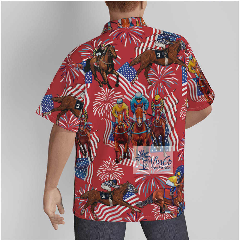 Funny Horse Racing American Flag Hawaiian Button Up Shirt For Men