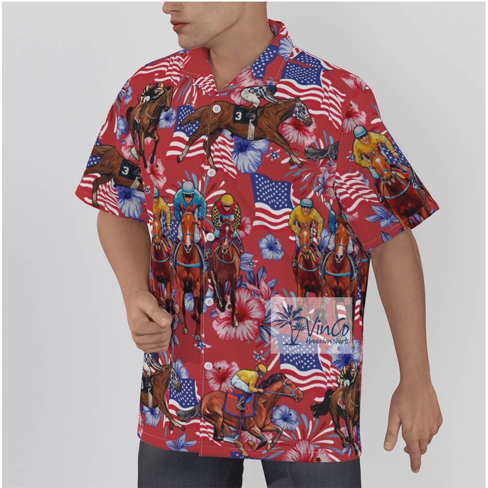 Floral Patriotic Horse Riding Lover Hawaiian Shirt For Men