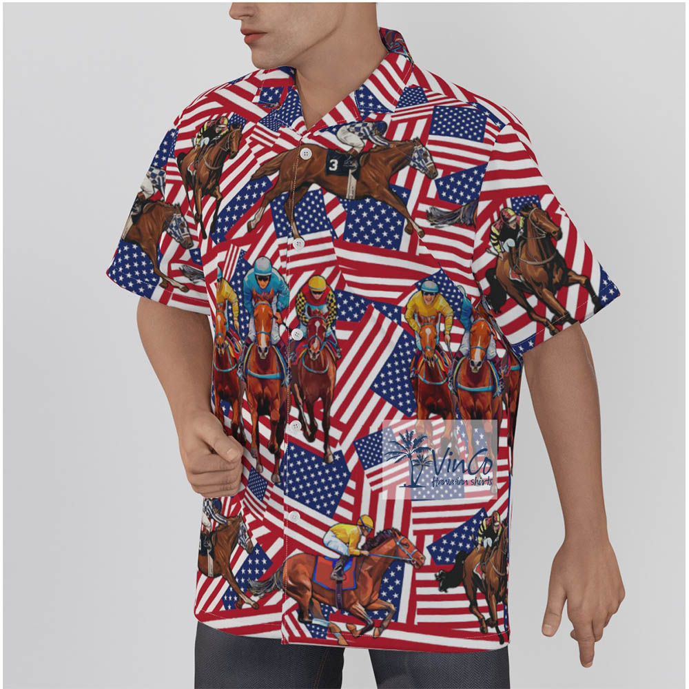 Horse Racing American Flag Men's Hawaiian Shirts