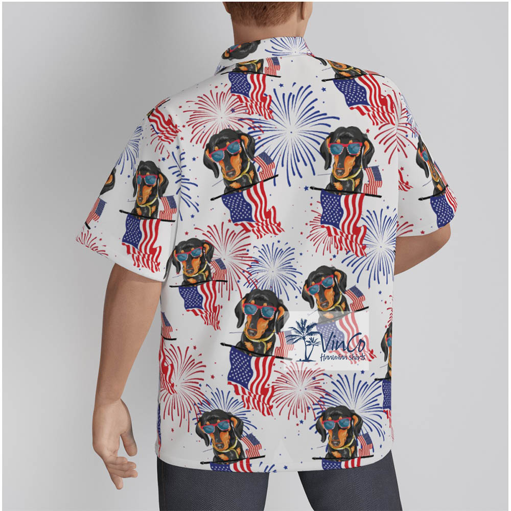 Patriotic Dachshund American Flag Button Up Men's Hawaiian Shirt