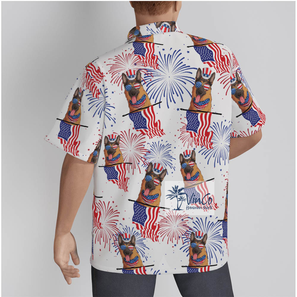 American German Shepherd Patriotic Hawaiian Button Up Shirt For Men