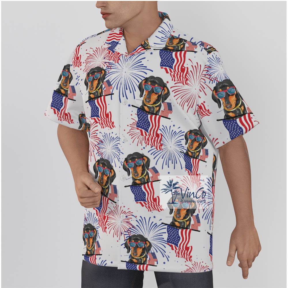 Patriotic Dachshund American Flag Button Up Men's Hawaiian Shirt