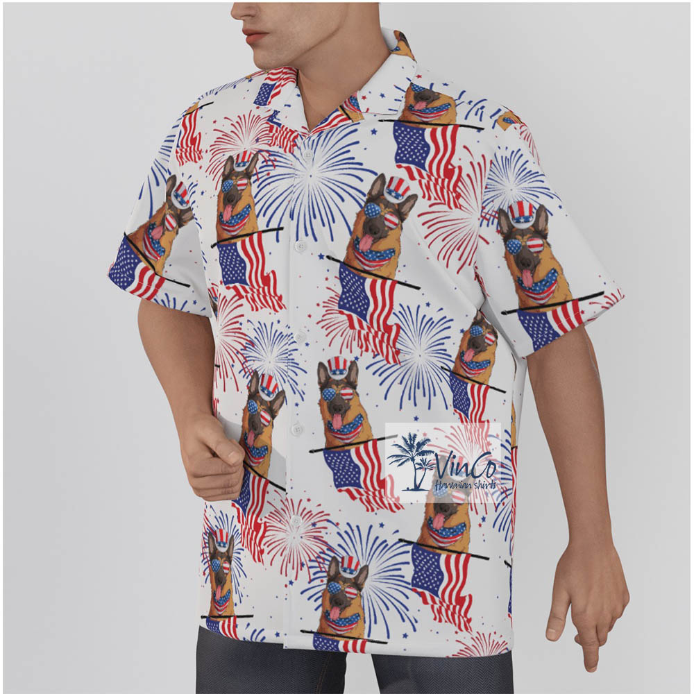 American German Shepherd Patriotic Hawaiian Button Up Shirt For Men