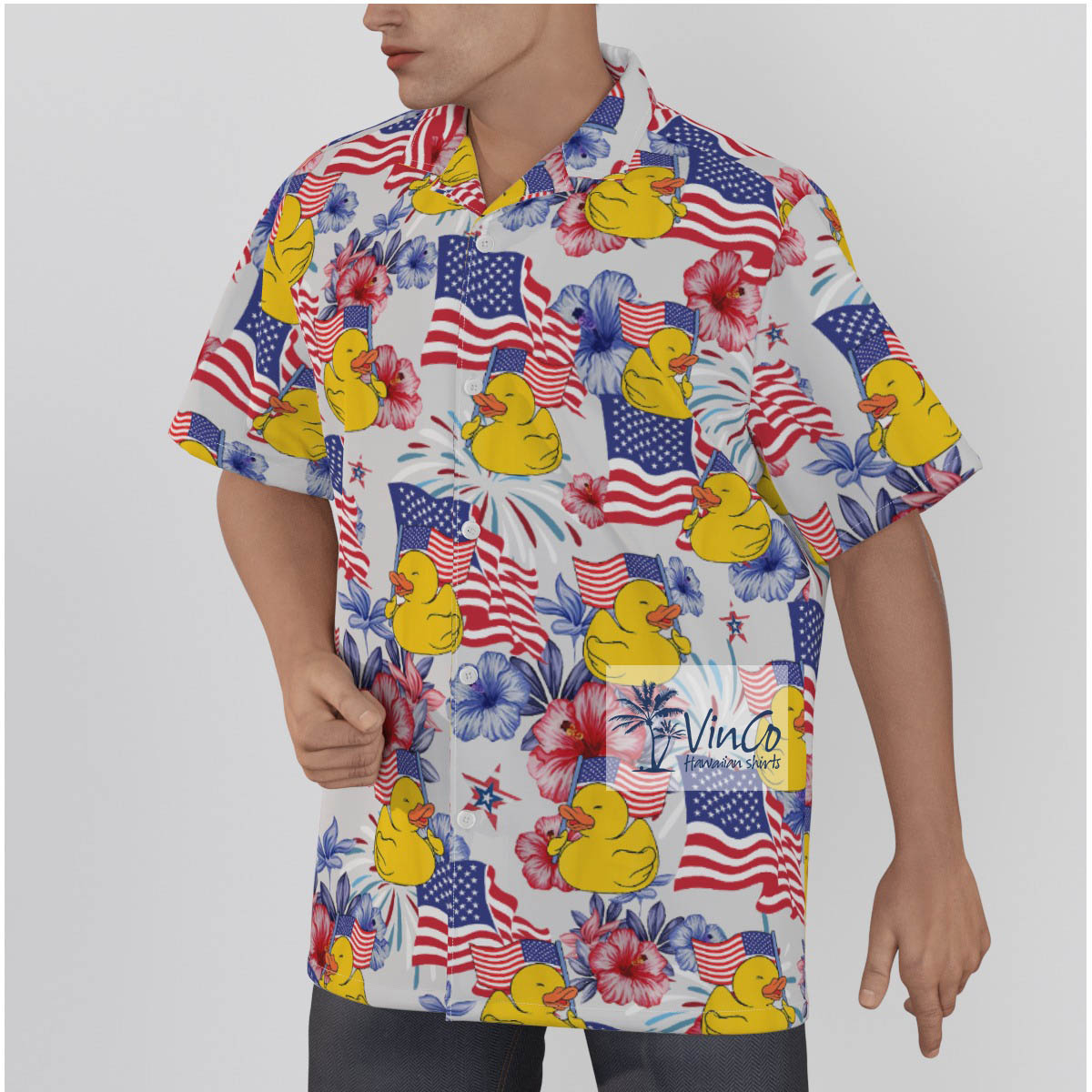 Hibiscus Patriotic Rubber Duck 4th Of July Hawaiian Shirt For Men