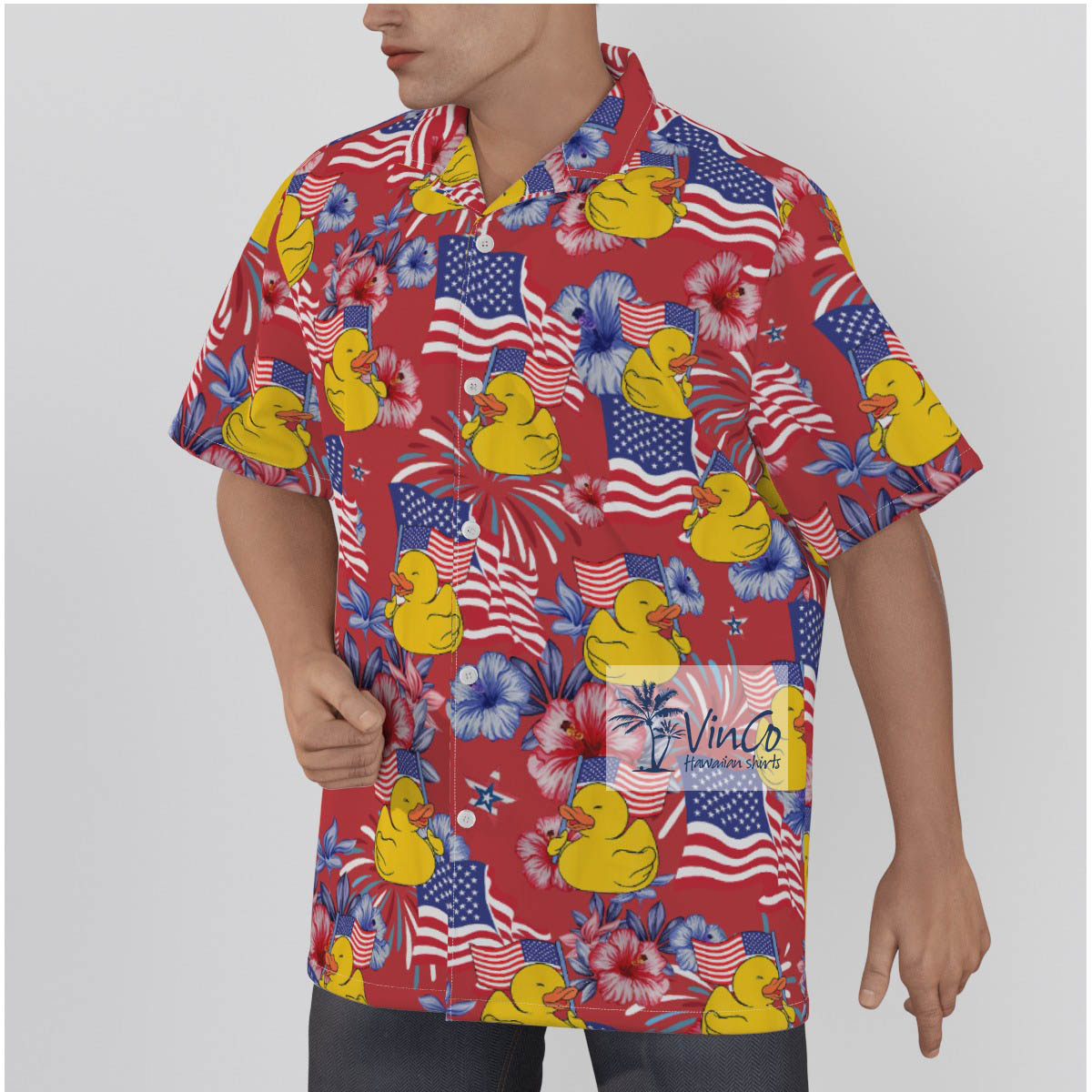 Hibiscus Rubber Duck American Flag Hawaiian Shirt For Men