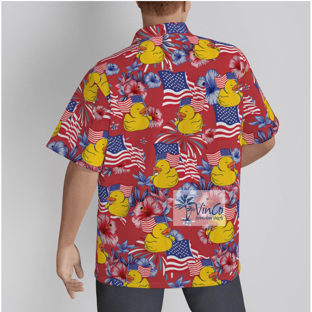 Hibiscus Rubber Duck American Flag Hawaiian Shirt For Men