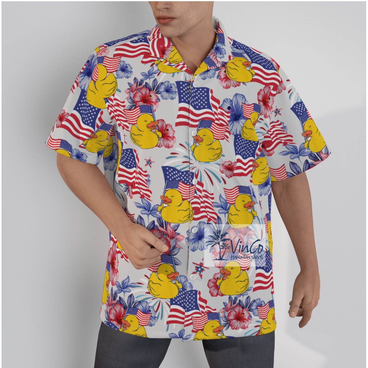 Hibiscus Patriotic Rubber Duck 4th Of July Hawaiian Shirt For Men