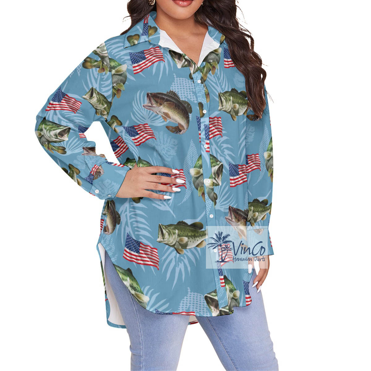 American Flag Fish Blue Hawaiian Plus Size Shirt