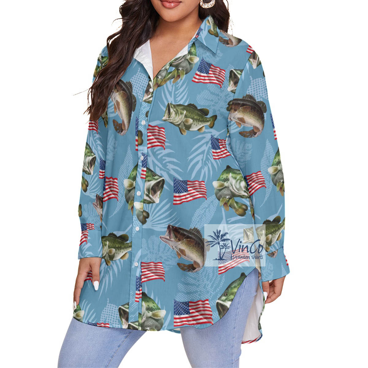 American Flag Fish Blue Hawaiian Plus Size Shirt