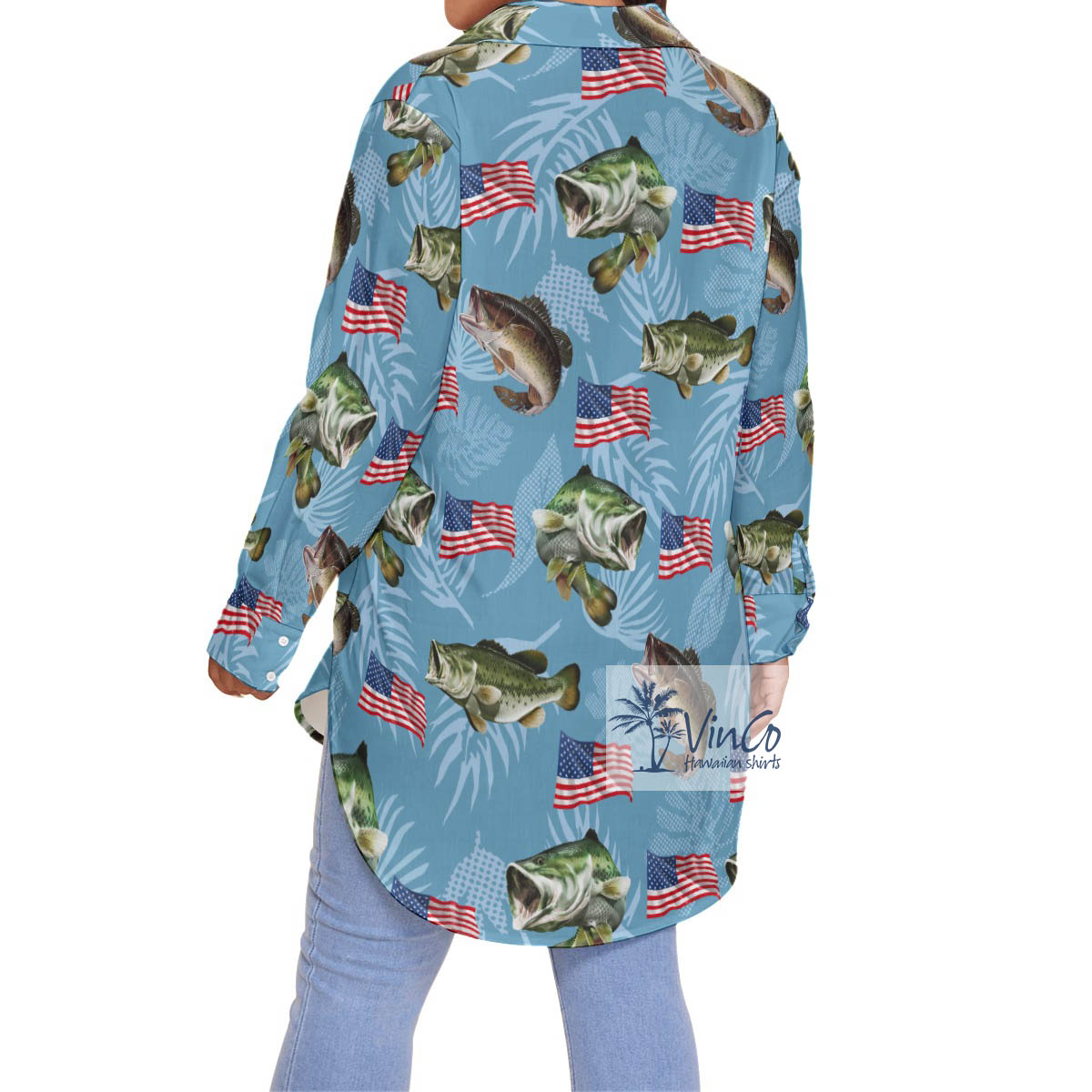 American Flag Fish Blue Hawaiian Plus Size Shirt