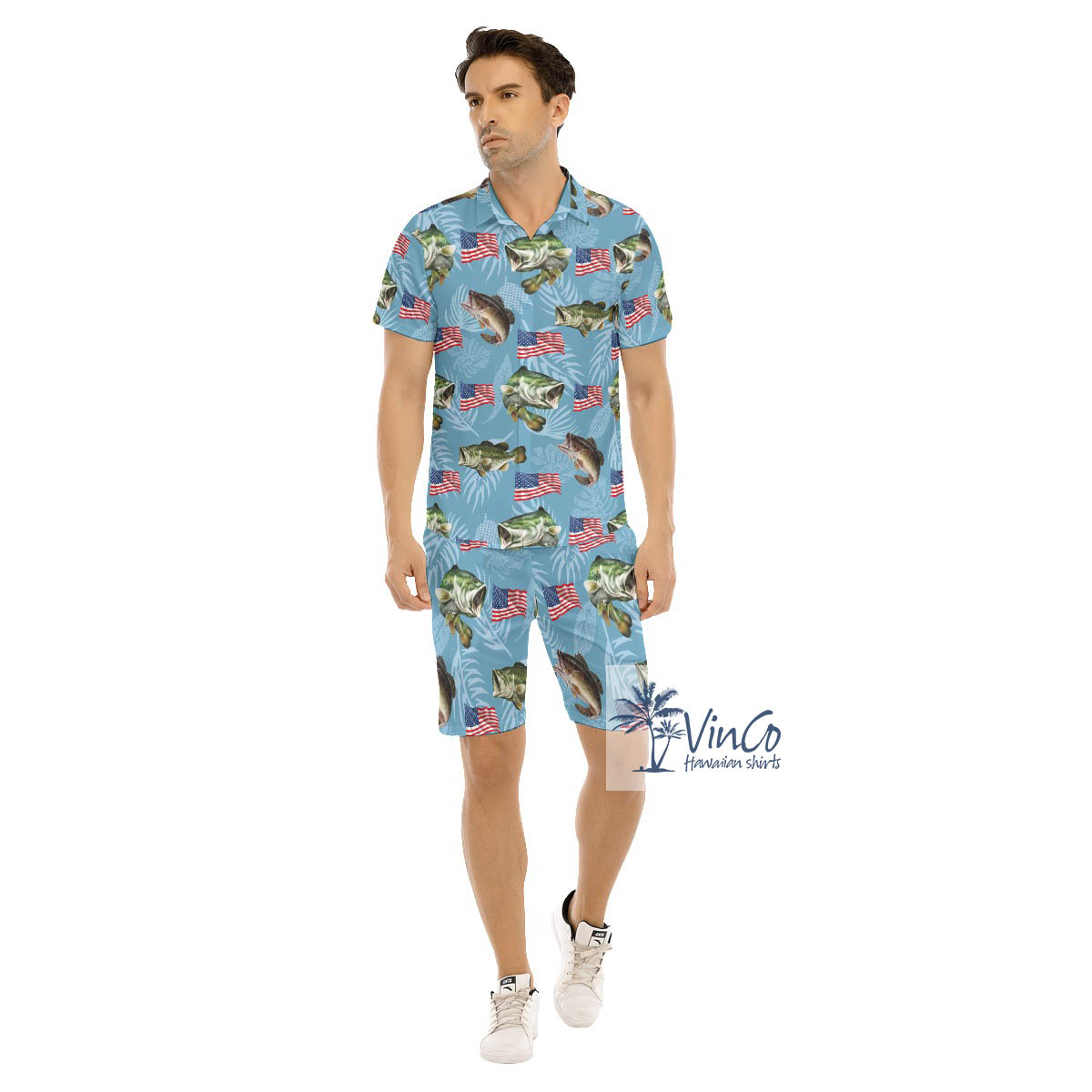 Set American Flag Fish Blue Hawaiian Shirt And Matching Shorts For Men - variant image 1