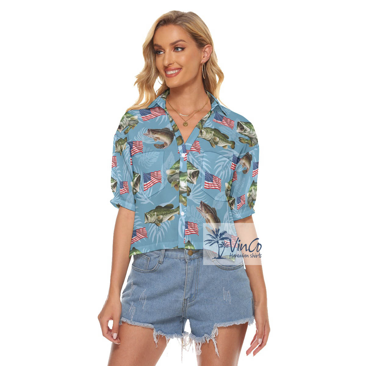 Women's American Flag Fish Hawaiian Crop Top Shirt - variant image 1