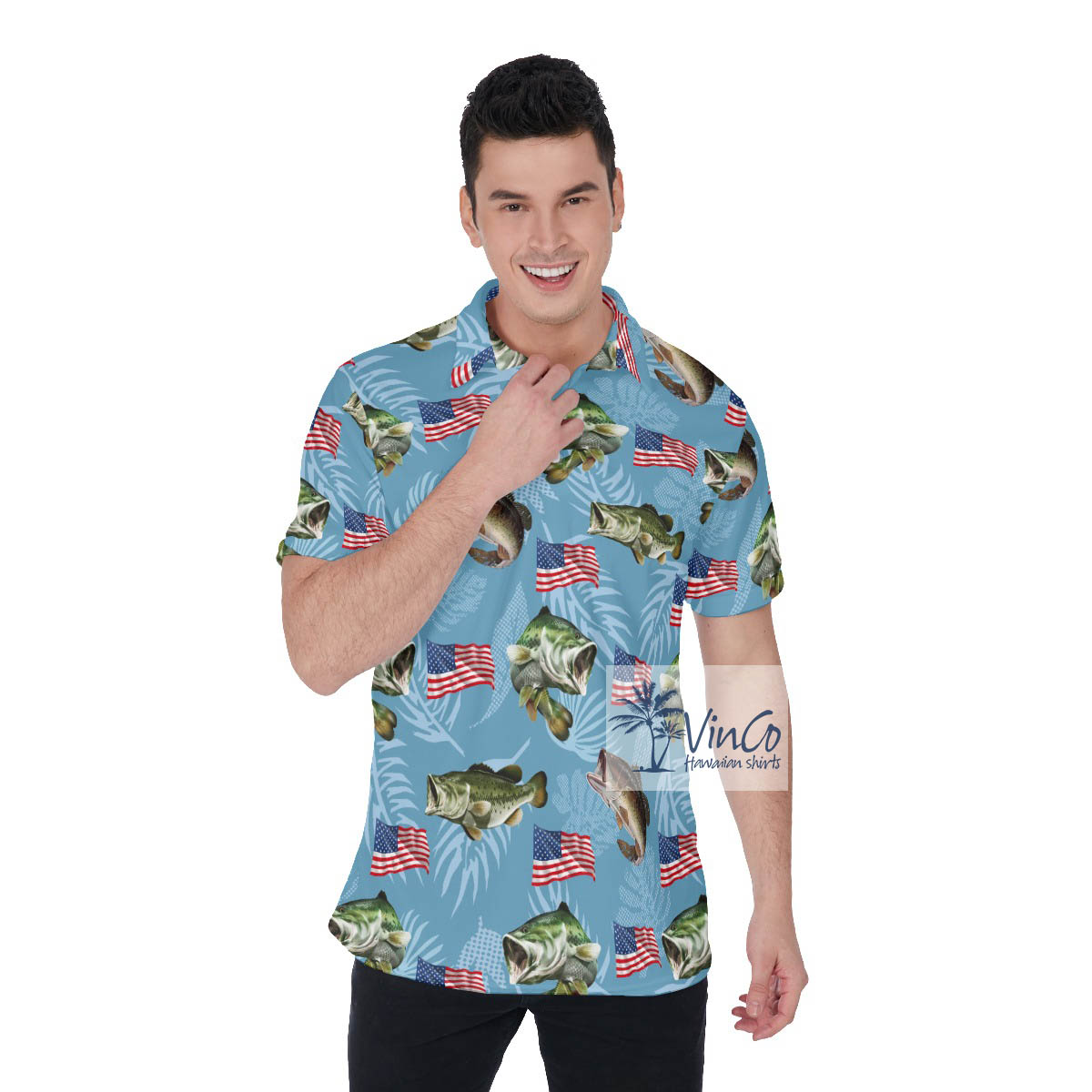 Funny Fish American Flag Blue Hawaiian Polo Shirt - variant image 1