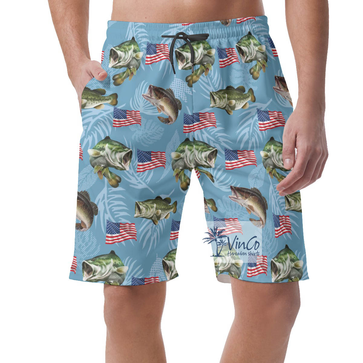 Blue Fish And American Flag Hawaiian Beach Shorts For Men - variant image 1