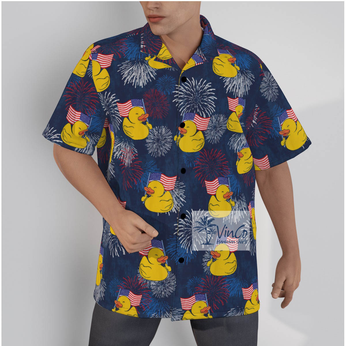 Funny Rubber Duck American Flag Hawaiian Shirts For Men - variant image 1