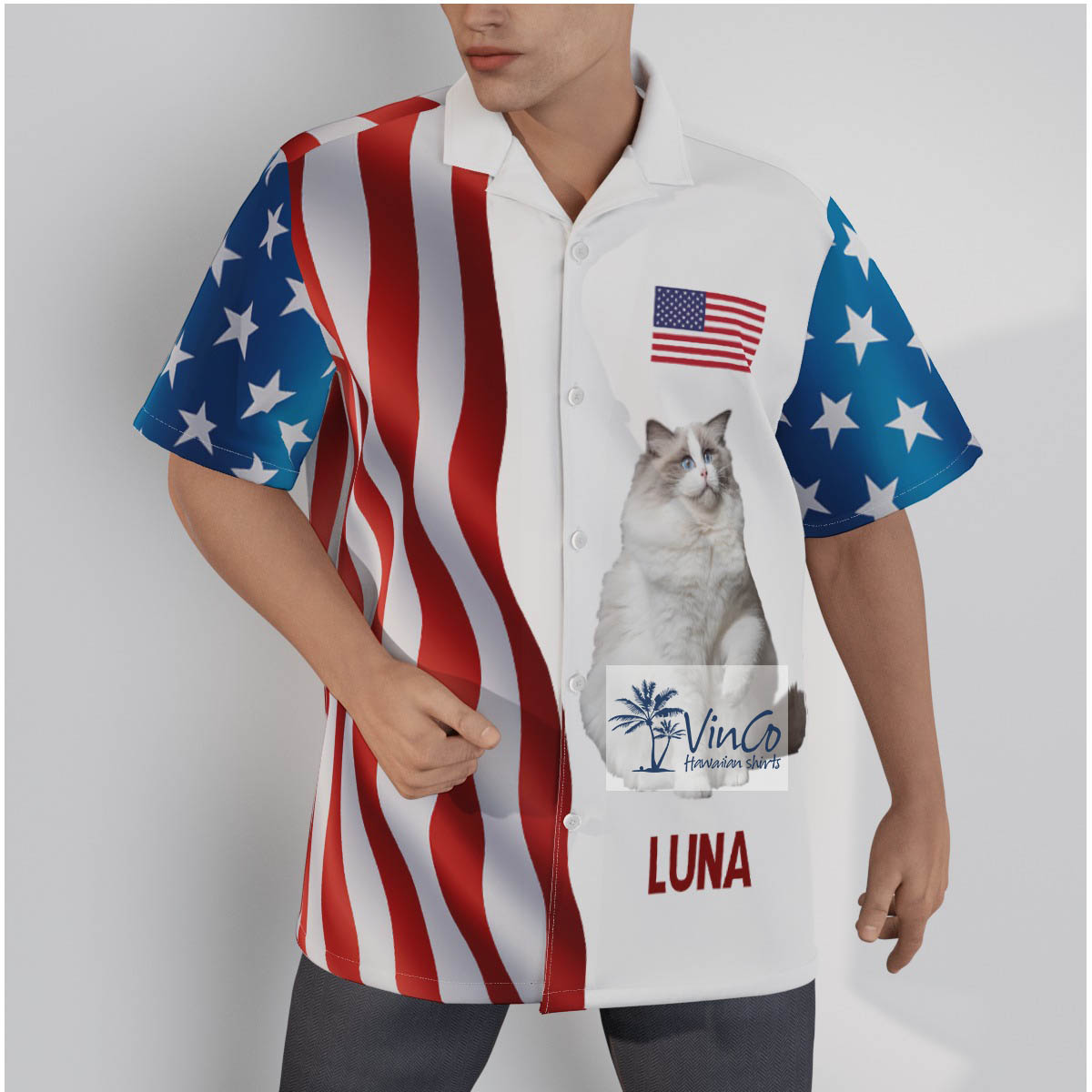 Custom Cat Patriotic Hawaiian Shirt With Name For Men - variant image 1