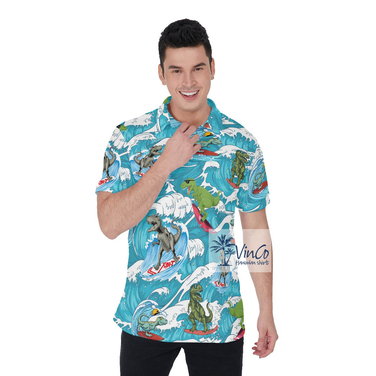 Funny Dinosaur Surfing Hawaiian Golf Shirt Polo For Men - variant image 1