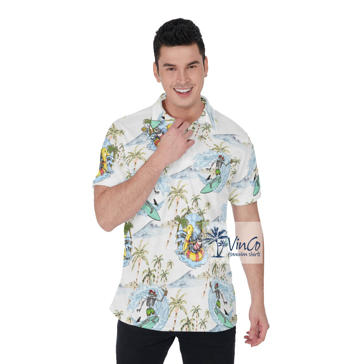 Surfing Skull Skeleton Hawaiian Polo Shirt Golf Shirt - variant image 1