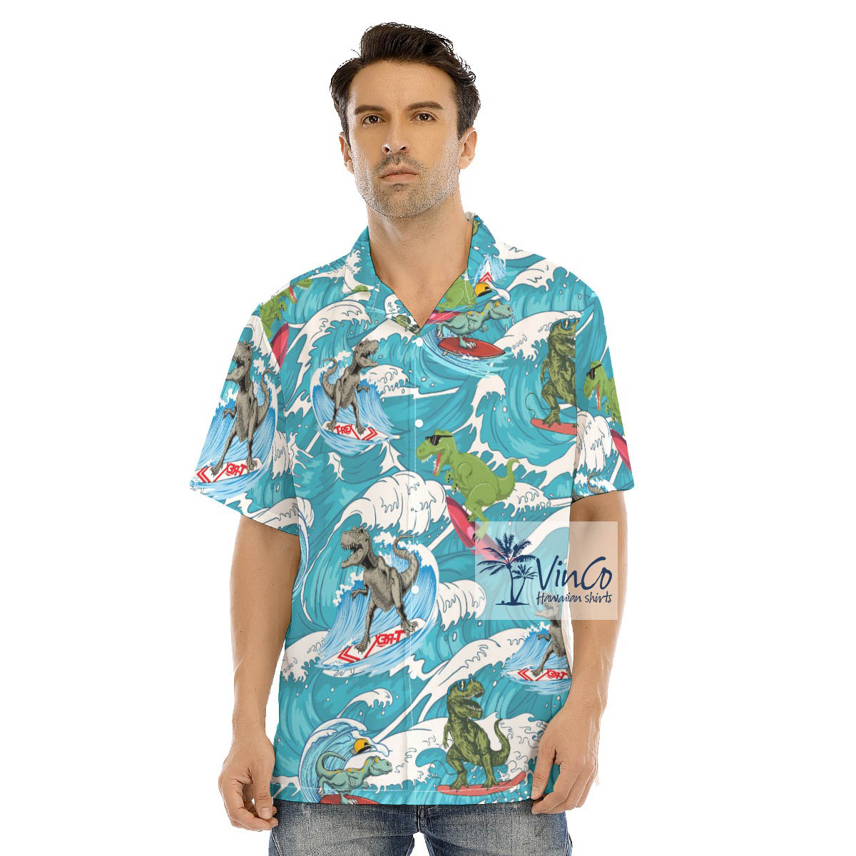 Dinosaur Surfing Hawaiian Button Up Shirt - variant image 1