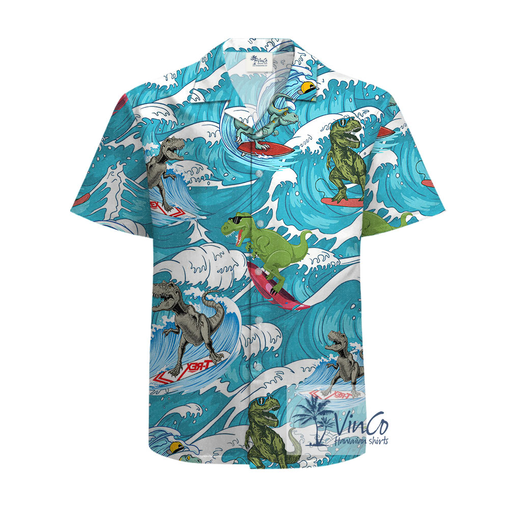 Funny Dinosaur Surfing Cotton Hawaiian Beach Shirt For Men - variant image 1