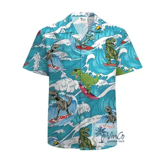 Funny Dinosaur Surfing Cotton Hawaiian Beach Shirt For Men