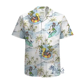 Funny Skull Skeleton Surfing Hawaiian Shirt For Men 100% Cotton