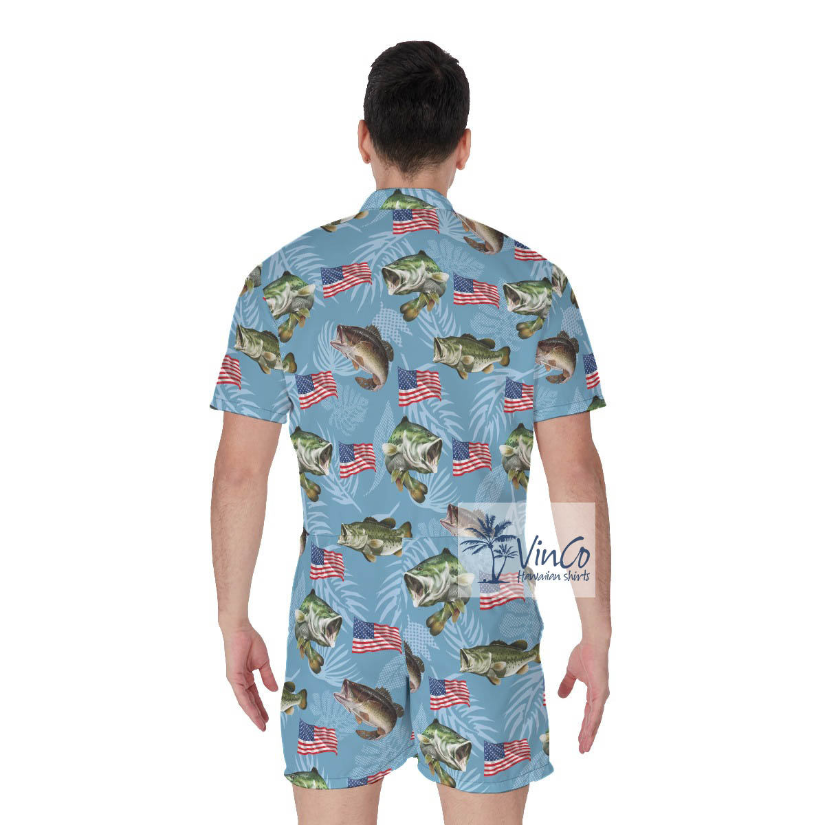 Funny American Flag Fish Hawaiian Romper For Men