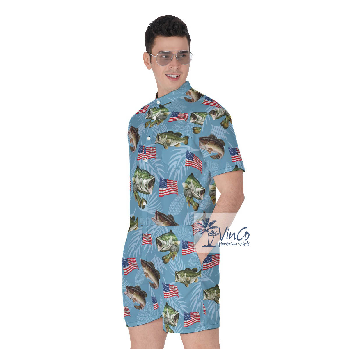 Funny American Flag Fish Hawaiian Romper For Men