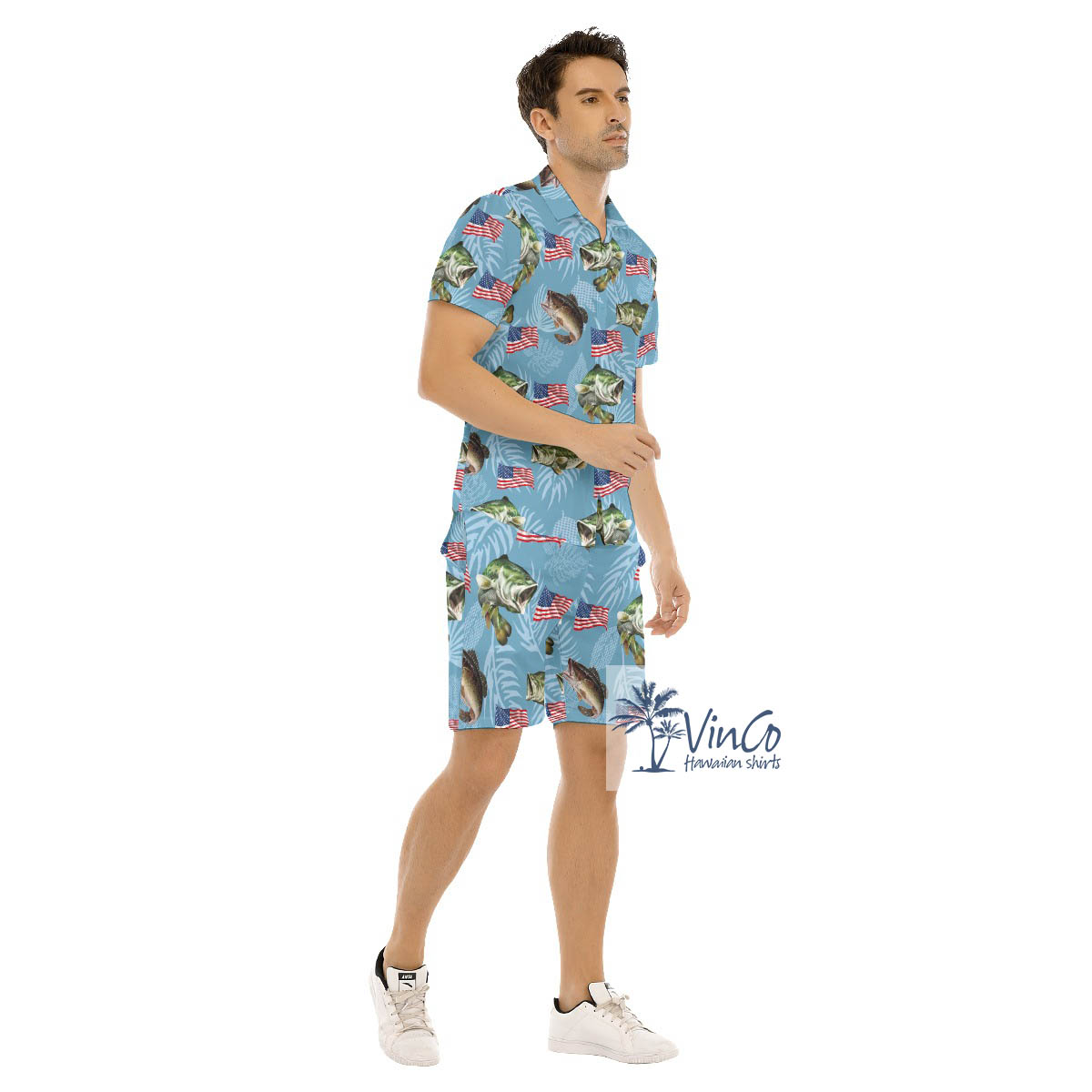 Set American Flag Fish Blue Hawaiian Shirt And Matching Shorts For Men